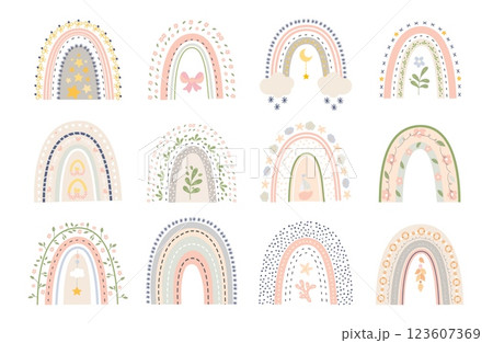 Boho style rainbow. Doodle rainbows decorative elements with clouds, bow, moon and stars. Newborn nursery stickers, scrapbook nowaday vector clipart Boho style rainbow. Doodle rainbows decorative elements with clouds, bow, moon and stars. Newborn nursery stickers, scrapbook nowaday vector clipart 123607369