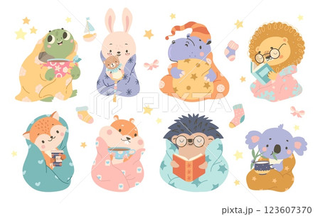 Cute animal in cozy plaids. Animals sitting in blankets, drink tea and coffee, reading books. Funny turtle, hamster, fox, koala and hedgehog, nowaday vector set Cute animal in cozy plaids. Animals sitting in blankets, drink tea and coffee, reading books. Funny turtle, hamster, fox, koala and hedgehog, nowaday vector set 123607370