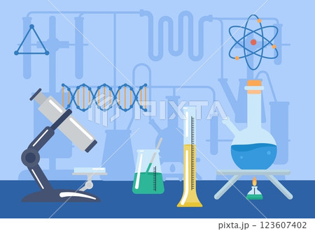 Laboratory experience. Glass bottle, microscope, chemistry research system. Pharmacology or medicine researchers. Lab equipment vector concept 123607402