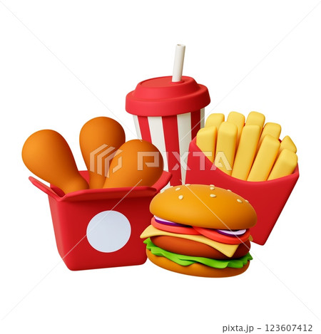 Combo fast food restaurant dinner or lunch. Potatoes fries, chicken legs, burger and drink 3d composition. Unhealthy popular meal, isolated vector realistic elements Combo fast food restaurant dinner or lunch. Potatoes fries, chicken legs, burger and drink 3d composition. Unhealthy popular meal, isolated vector realistic elements 123607412