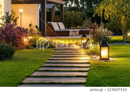 住宅イメージ 芝生の庭と照明 住宅イメージ 芝生の庭と照明 123607418