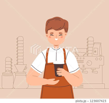 Boy barista holding mug of coffee. Happy guy with take away cup, coffee to go. Cafeteria cafe bar service worker in uniform, student work, vector character 123607423
