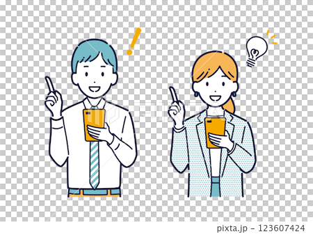 スマホを持って案内をするビジネスパーソンのイラスト 123607424