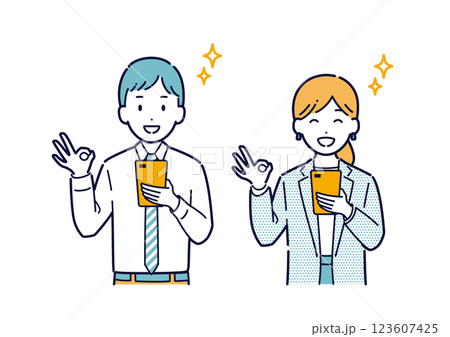 スマホを持ってOKサインをするビジネスパーソンのイラスト 123607425