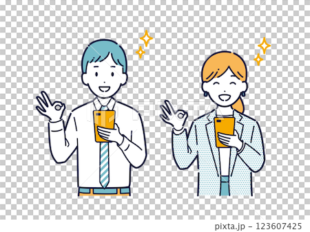 スマホを持ってOKサインをするビジネスパーソンのイラスト 123607425