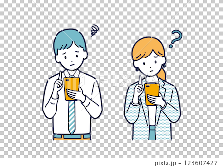 一位商務人士在使用智慧型手機時遇到麻煩的插圖 123607427