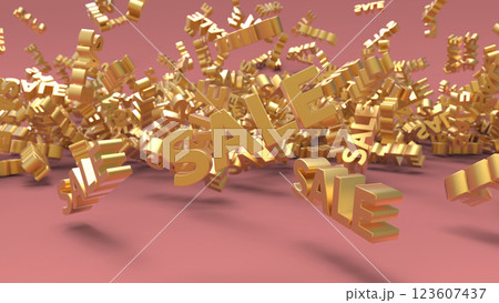 セール期間素材、金色のセールのテキストが山積みレンダリングCG背景 123607437