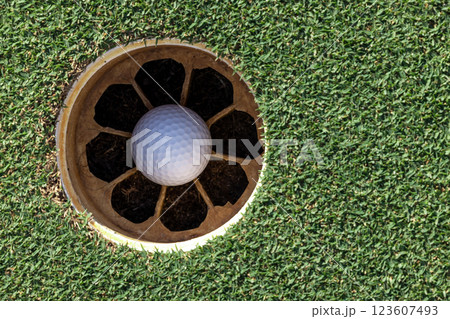 In the hole, White golf ball on green grass with golf hole, Golf ball ready to be shot, Golf ball close up on green grass in the hole, Top view. In the hole, White golf ball on green grass with golf hole, Golf ball ready to be shot, Golf ball close up on green grass in the hole, Top view. 123607493