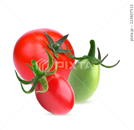 Red ,green tomatoes sphere, oval shape, isolated on white background. Tomatoes are all natural, organic, fresh, delicious and healthy on white back ground. Red ,green tomatoes sphere, oval shape, isolated on white background. Tomatoes are all natural, organic, fresh, delicious and healthy on white back ground. 123607513