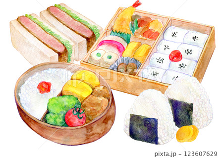 水彩イラスト お弁当やサンドイッチなどのセット 水彩イラスト お弁当やサンドイッチなどのセット 123607629