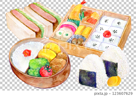 Watercolor illustration: Set of bento boxes, sandwiches, etc. Watercolor illustration: Set of bento boxes, sandwiches, etc. 123607629