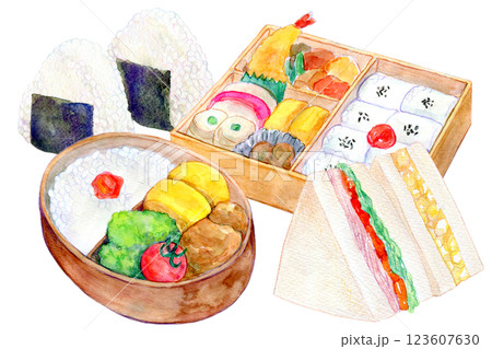 水彩イラスト　お弁当やサンドイッチなどのセット 123607630