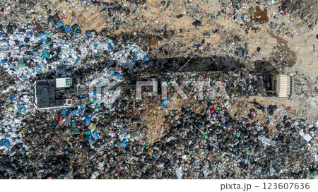 Garbage dump pile in trash dump or landfill, Landfill with waste disposal, Garbage truck unloads rubbish in landfill, Truck waste dump waste from household, Excavator work garbage waste, Aerial view. Garbage dump pile in trash dump or landfill, Landfill with waste disposal, Garbage truck unloads rubbish in landfill, Truck waste dump waste from household, Excavator work garbage waste, Aerial view. 123607636