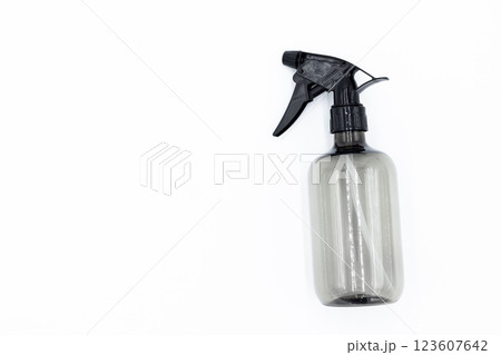 Black spray bottle for mock up, Sustainability and eco friendly lifestyle product, Flower spray bottle gun, Plastic pulverizer, Black spray Bottle on white background. Black spray bottle for mock up, Sustainability and eco friendly lifestyle product, Flower spray bottle gun, Plastic pulverizer, Black spray Bottle on white background. 123607642