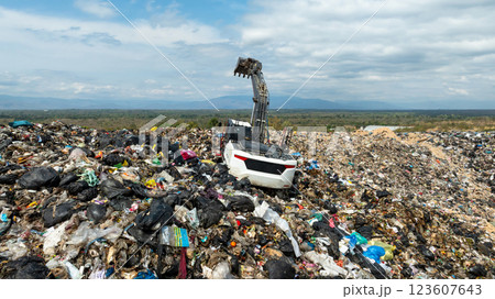 Garbage dump pile in trash dump or landfill, Landfill with waste disposal, Garbage truck unloads rubbish in landfill, Truck waste dump waste from household, Excavator work garbage waste, Aerial view. 123607643