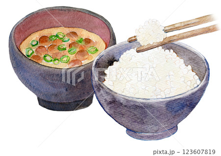 水彩イラスト 炊き立ての白いご飯と味噌汁のセット 水彩イラスト 炊き立ての白いご飯と味噌汁のセット 123607819