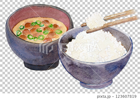 水彩插圖：剛煮好的白飯和味噌湯的套餐 123607819