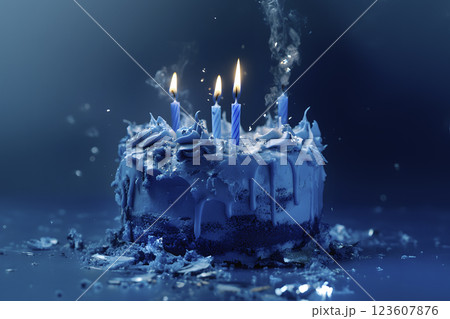 smashed birthday cake with candles, generative AI 123607876