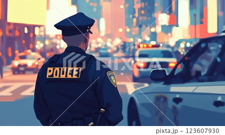警察官がパトロールをする街の風景 123607930
