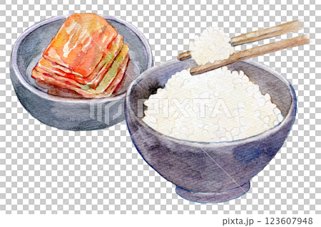 水彩イラスト　白いご飯とキムチのセット 123607948