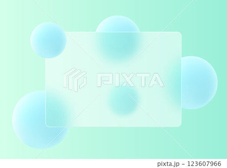 Glass morphism background. Frosted glass partition with floating blue spheres. Glass morphism background. Frosted glass partition with floating blue spheres. 123607966