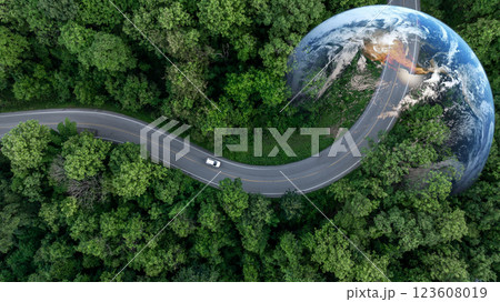 Aerial view EV car electric vehicle car alternative sustainable energy eco power,  EV car electric vehicle car on middle green tree forest road with globe earth planet, Alternative sustainable energy. 123608019