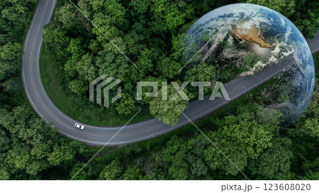 Aerial view EV car electric vehicle car alternative sustainable energy eco power,  EV car electric vehicle car on middle green tree forest road with globe earth planet, Alternative sustainable energy. 123608020