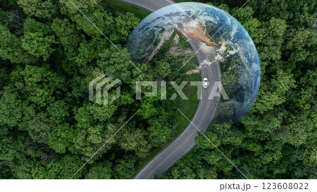 Aerial view EV car electric vehicle car alternative sustainable energy eco power,  EV car electric vehicle car on middle green tree forest road with globe earth planet, Alternative sustainable energy. 123608022