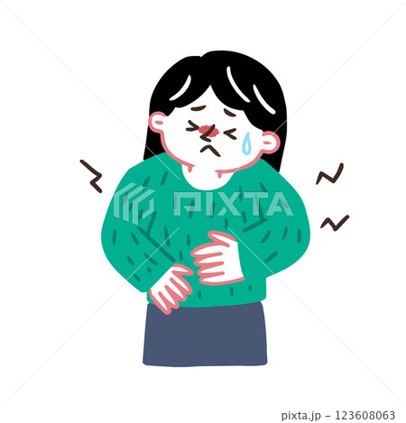 お腹がガスなどでゴロゴロして辛い女性　腸内環境についてのイラスト 123608063