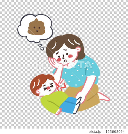 一位母親擔心兒子的胃痛，因為他很久沒有排便了。 123608064