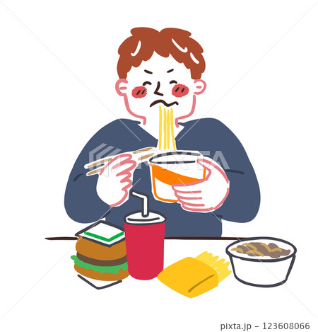 ファーストフードや牛丼など偏った食事をしている男性 腸内環境についてのイラスト ファーストフードや牛丼など偏った食事をしている男性 腸内環境についてのイラスト 123608066