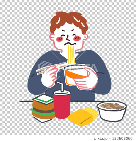 一名男子食用不均衡的快餐和牛肉碗飲食,關於腸道環境的說明 一名男子食用不均衡的快餐和牛肉碗飲食,關於腸道環境的說明 123608066