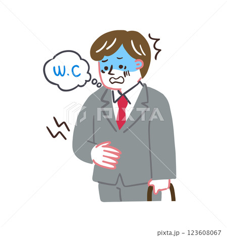 出先で急激にお腹が痛くなる男性　腸内環境についてのイラスト 123608067