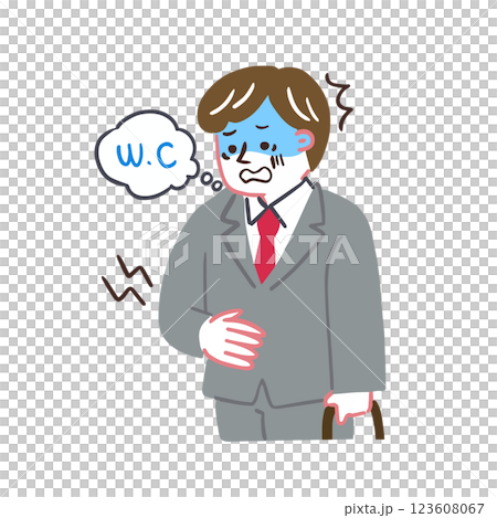 出先で急激にお腹が痛くなる男性　腸内環境についてのイラスト 123608067