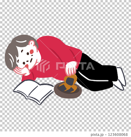 A sedentary woman eating rice crackers and reading a magazine A sedentary woman eating rice crackers and reading a magazine 123608068