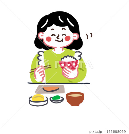 バランスの良い食事をよく噛んで食べている女性 腸内環境についてのイラスト バランスの良い食事をよく噛んで食べている女性 腸内環境についてのイラスト 123608069