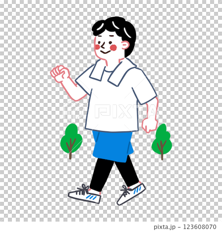 ウォーキングなど適度な運動をしている男性　腸内環境についてのイラスト 123608070