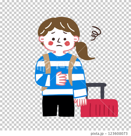 旅行先でお腹の調子がおかしい女性 腸内環境についてのイラスト 旅行先でお腹の調子がおかしい女性 腸内環境についてのイラスト 123608073