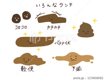 いろんな形状の便のイラストセット　腸内環境についてのイラスト 123608082