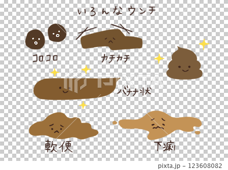 いろんな形状の便のイラストセット　腸内環境についてのイラスト 123608082