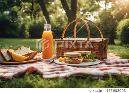 Picnic set on a plaid blanket on the green grass on a sunny summer day 123608098
