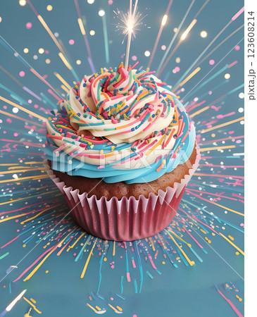 Cupcake decorated with colorful sprinkles and a sparkler, banner with blue background 123608214