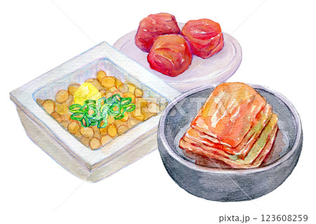 水彩イラスト　発酵食品のセット　キムチや納豆 123608259
