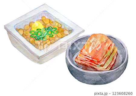 水彩イラスト　発酵食品のセット　キムチや納豆 123608260