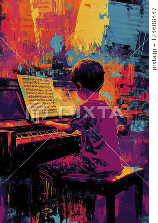 Acrylic color painting of Asian boy playing piano, illustration music poster, Generative AI 123608337