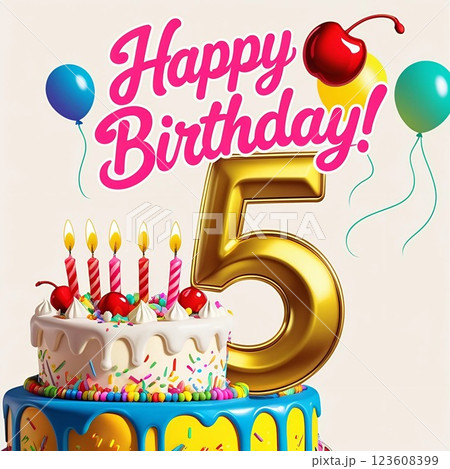 Happy Birthday 5th Celebration with Cake.  123608399
