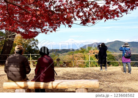 伊豆市　修善寺自然公園の富士見台と紅葉と観光客 123608502