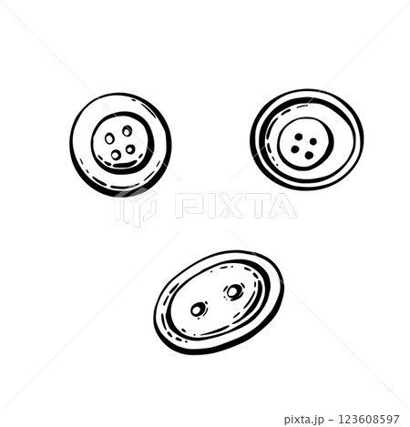 Buttons set. Round sewing item with four and two holes. Hobby handicrafts and sewing object. Black outline vector hand drawing illustration for handmade blog, product label. Isolated from background 123608597