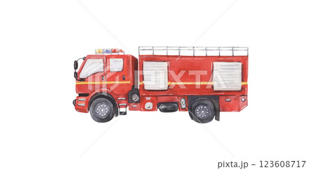 Watercolor Fire Rescue Truck Isolated 123608717