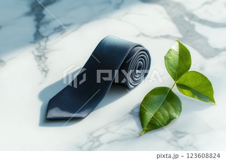 Elegant Rolled Necktie on Marble Surface for Minimalist Design 123608824